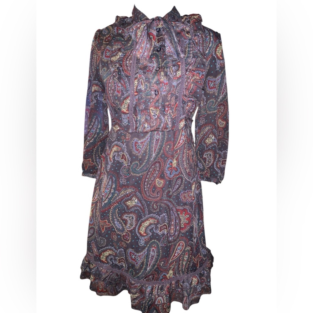 Rare vintage Dunnes Elegant Paisley neck bow dainty 70s style feminine dress 10
